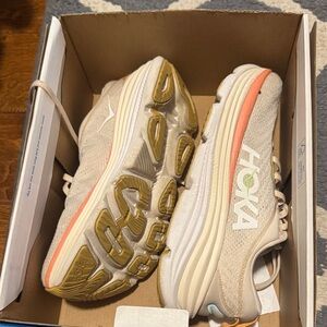 Hoka Giovanna 5 Women's Beige and Gold Athletic Shoes